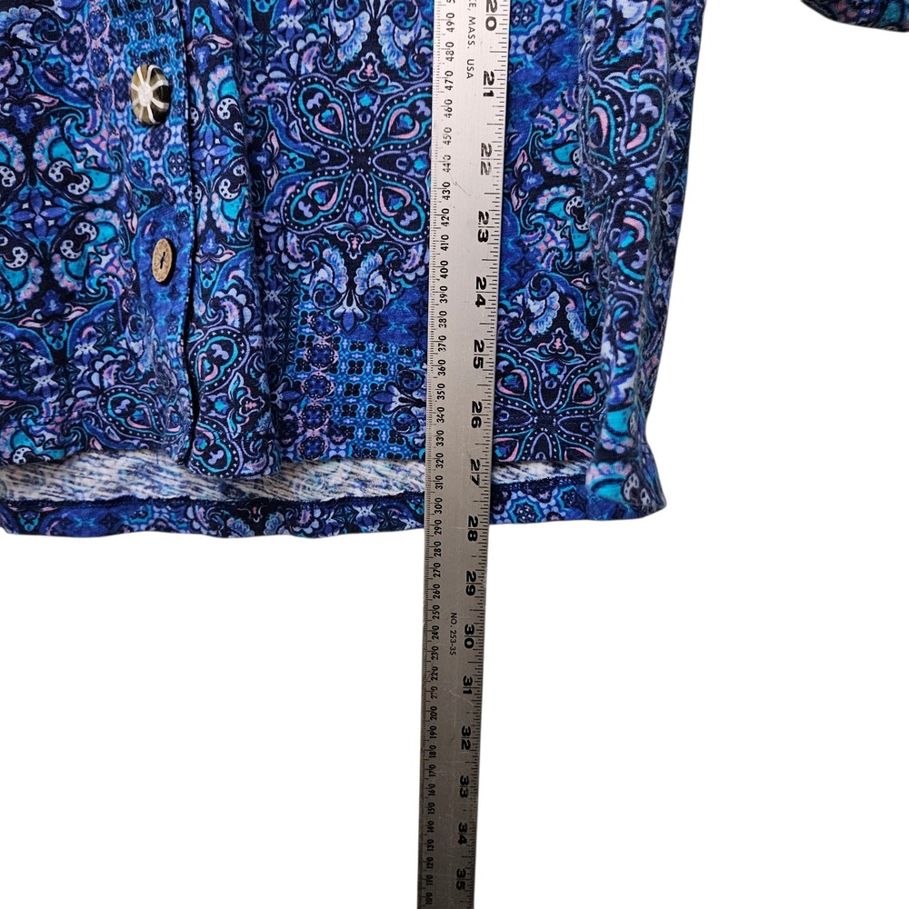 Soft Surroundings NWOT Blue Geometric Artsy Button Down Roll Tab Sleeve Shirt M - Picture 7 of 8
